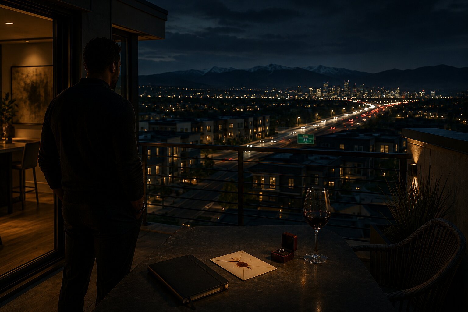 Anticipation by Jey Lofton — a man alone on a city balcony at night, the skyline burning low behind him.