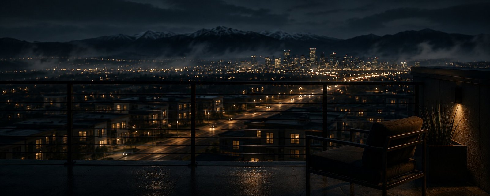 A city skyline at dusk with a single empty chair — Anticipation, a literary tragedy by Jey Lofton.