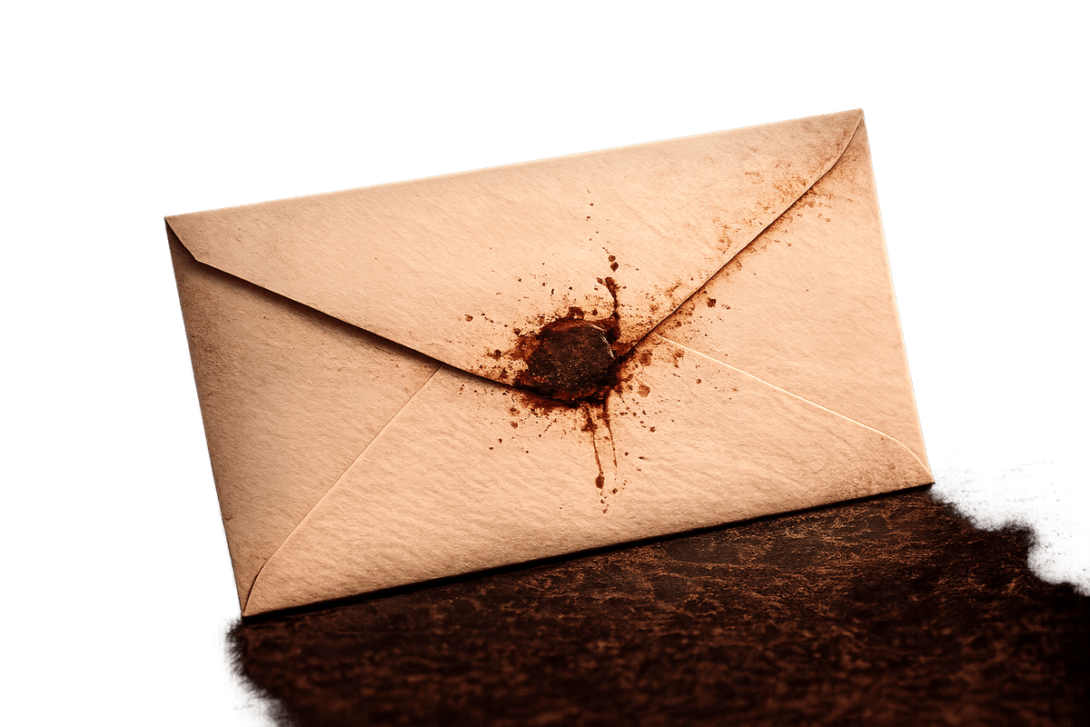 A bloodstained, wax-sealed envelope from Anticipation, a literary fiction novel by Jey Lofton.